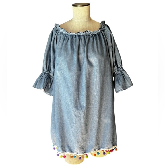 NWT Saks Fifth Avenue Chambray Mini Pom Pom Off-Shoulder Flounce Dress Size S - Picture 2 of 10